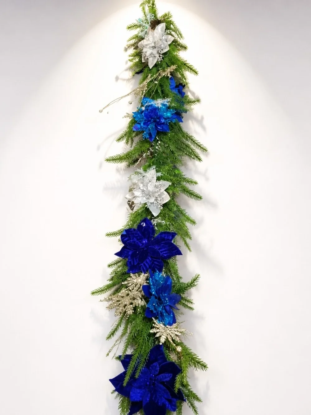 Blue, Silver & White Poinsettia & Snowflake Holiday Garland - NWOT